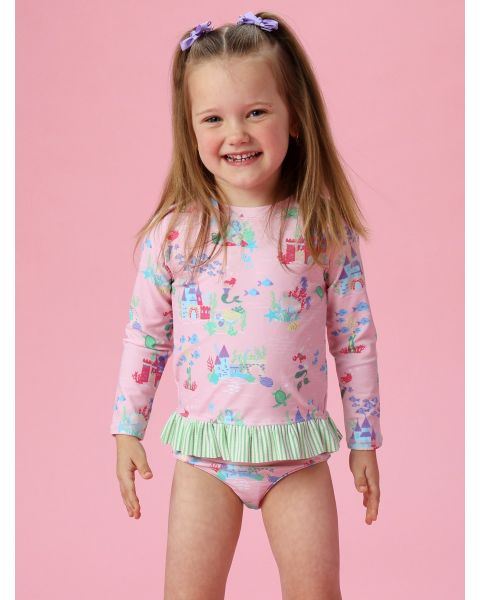 Atlantis Mermaids Long Sleeve Rash Guard 2-Piece Swimsuit, with Signature Rear Ruffles