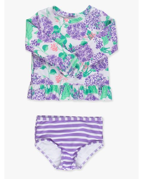 Purple Hydrangea Garden Long Sleeve Rash Guard 2-Piece Swimsuit, with Signature Rear Ruffles