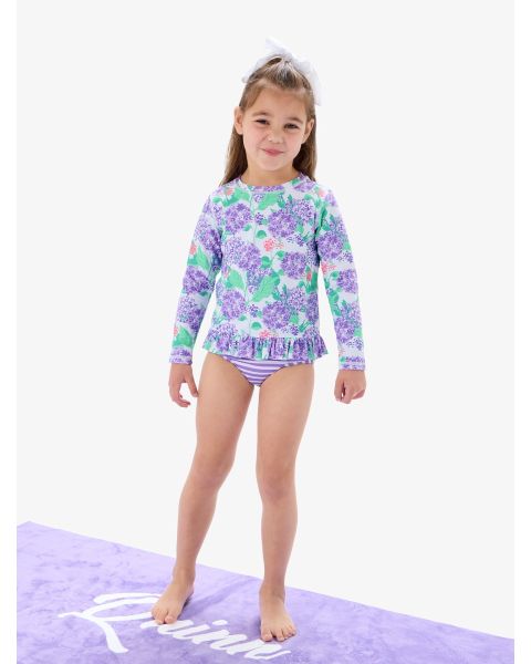 Purple Hydrangea Garden Long Sleeve Rash Guard 2-Piece Swimsuit, with Signature Rear Ruffles