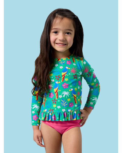 Parrot Palms Long Sleeve Rash Guard 2-Piece Swimsuit, with Signature Rear Ruffles