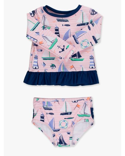 Pink Sweet Sails Long Sleeve Rash Guard 2-Piece Swimsuit, with Signature Rear Ruffles