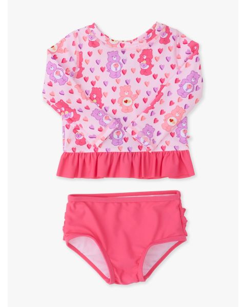 Pink Heart Care Bears Long Sleeve Rash Guard 2-Piece Swimsuit, with Signature Rear Ruffles