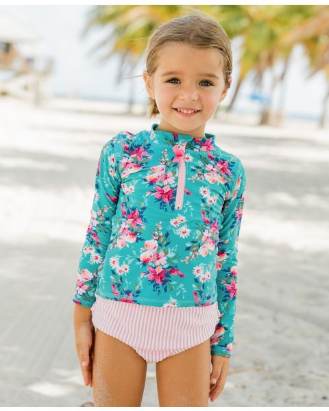 Fancy Me Floral Long Sleeve Zipper Rash Guard 2-Piece