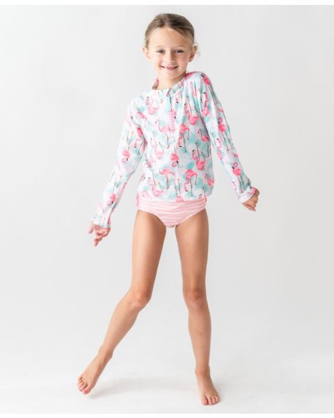 Vibrant Flamingo Long Sleeve Zipper Rash Guard 2-Piece
