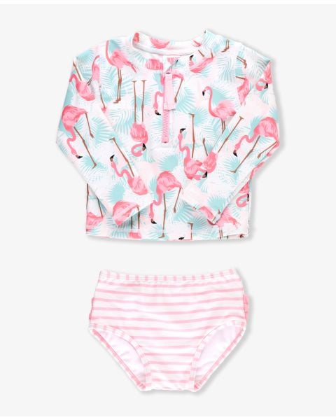 Vibrant Flamingo Long Sleeve Zipper Rash Guard 2-Piece