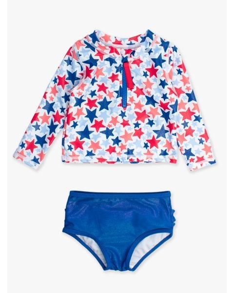 Shimmer Star-Spangled Long Sleeve Zipper Rash Guard 2-Piece Swimsuit