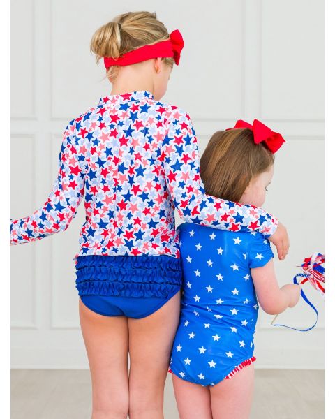 Shimmer Star-Spangled Long Sleeve Zipper Rash Guard 2-Piece Swimsuit
