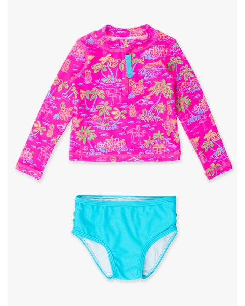 Neon Island Time Long Sleeve Zipper Rash Guard 2-Piece