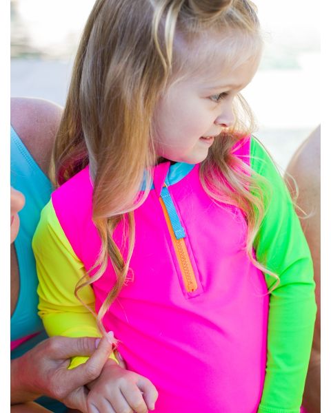 Neon Color Block Long Sleeve Zipper Rash Guard 2-Piece