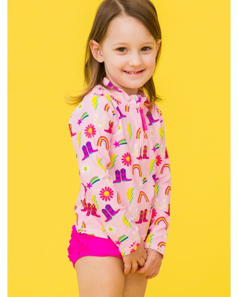 Cowgirl Cutie Long Sleeve Zipper Rash Guard 2-Piece Swim Suit without Ruffles