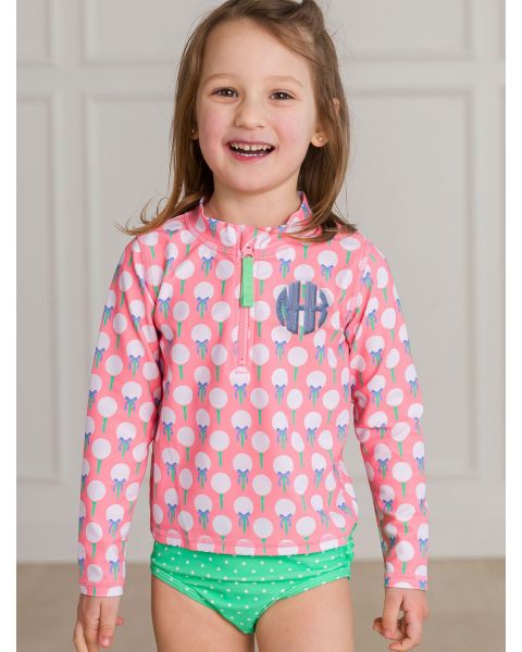 Pink Tee Time Long Sleeve Zipper Rash Guard 2-Piece Swimsuit