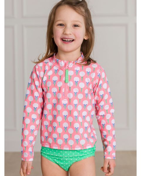 Pink Tee Time Long Sleeve Zipper Rash Guard 2-Piece Swimsuit