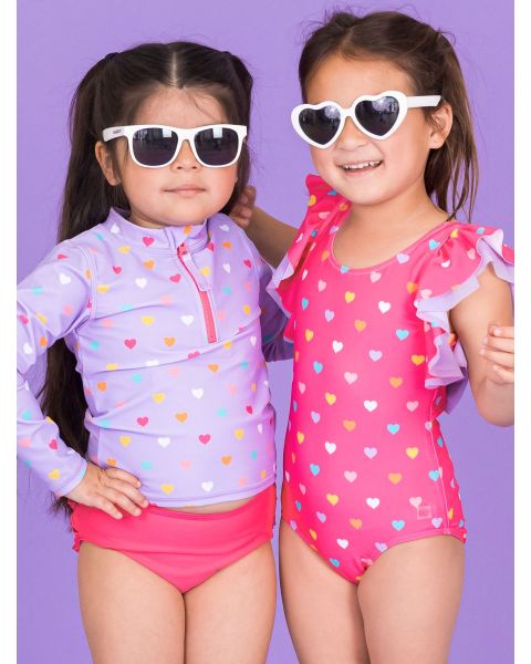 Lavender Colorful Hearts Long Sleeve Zipper Rash Guard 2-Piece, with Signature Rear Ruffles