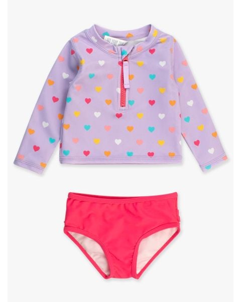 Lavender Colorful Hearts Long Sleeve Zipper Rash Guard 2-Piece, with Signature Rear Ruffles