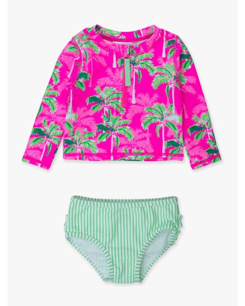 Neon Palm Paradise Long Sleeve Zipper Rash Guard 2-Piece, with Signature Rear Ruffles