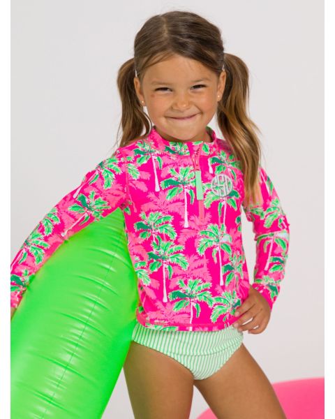 Neon Palm Paradise Long Sleeve Zipper Rash Guard 2-Piece, with Signature Rear Ruffles