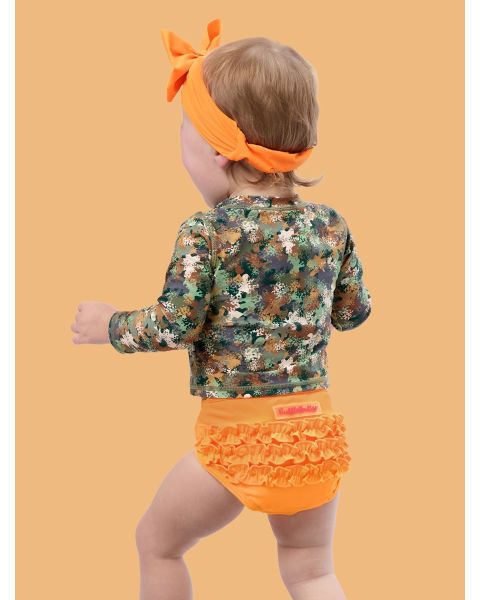 Classic Camo Long Sleeve Zipper Rash Guard 2-Piece Swimsuit, with Signature Rear Ruffles