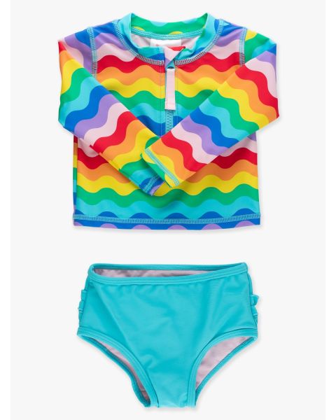 Rainbow Wavy Stripe Long Sleeve Zipper Rash Guard 2-Piece Swimsuit, with Signature Rear Ruffles
