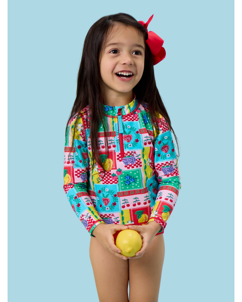 Picnic Party Long Sleeve Zipper Rash Guard 2-Piece Swimsuit, with Signature Rear Ruffles