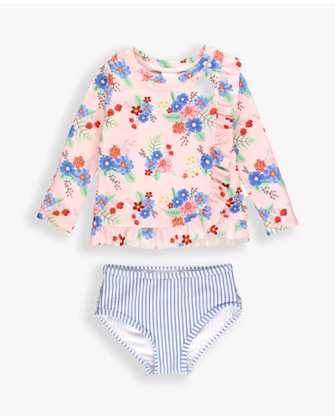 Coastal Breeze Floral Ruffle Detail Long Sleeve Rash Guard 2-Piece