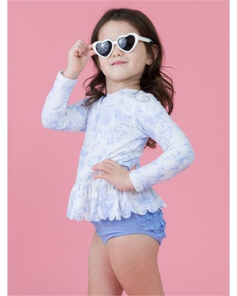 Periwinkle Butterfly Garden Scallop Hem Long Sleeve Rash Guard Bikini