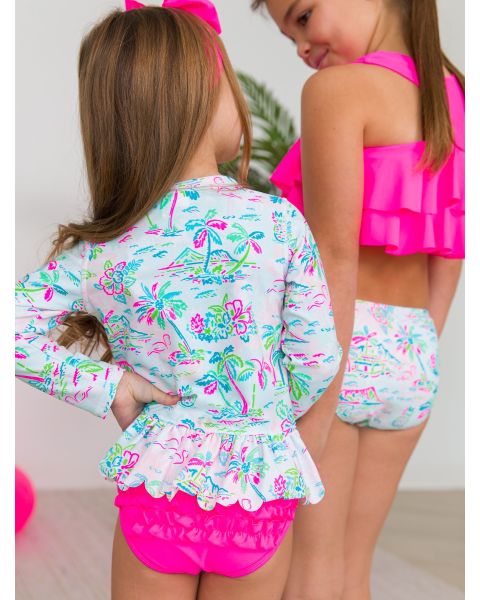 Tropical Resort Scallop Hem Long Sleeve Rash Guard Bikini