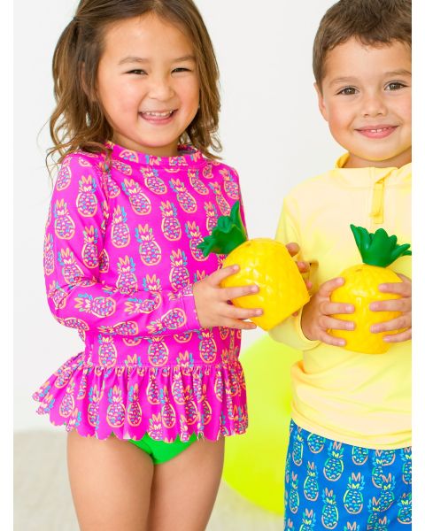 Neon Violet Pineapples Scallop Hem Long Sleeve Rash Guard Bikini
