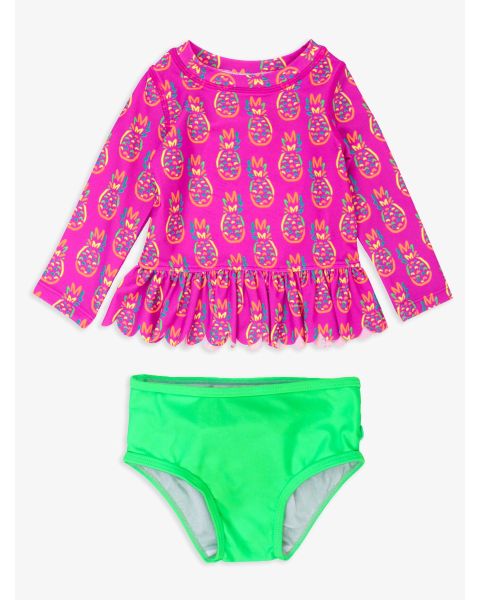 Neon Violet Pineapples Scallop Hem Long Sleeve Rash Guard Bikini