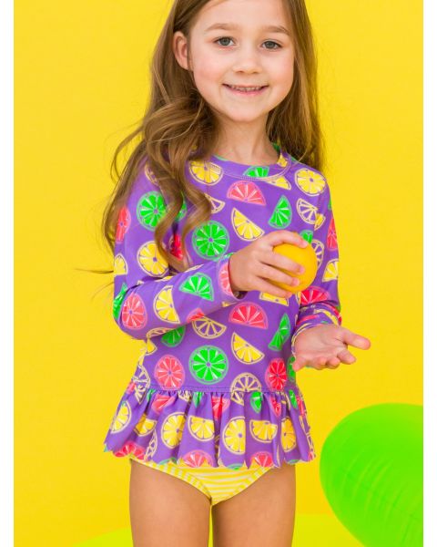 Neon Purple Citrus Scallop Hem Long Sleeve Rash Guard Bikini