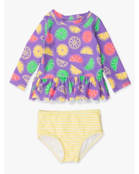 Neon Purple Citrus Scallop Hem Long Sleeve Rash Guard Bikini