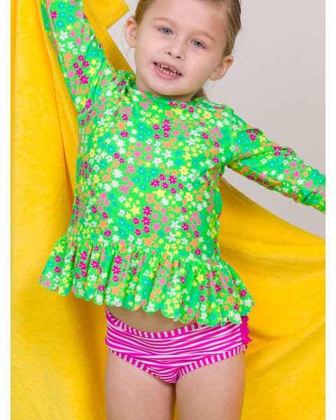 Neon Floral Scallop Hem Long Sleeve Rash Guard Bikini