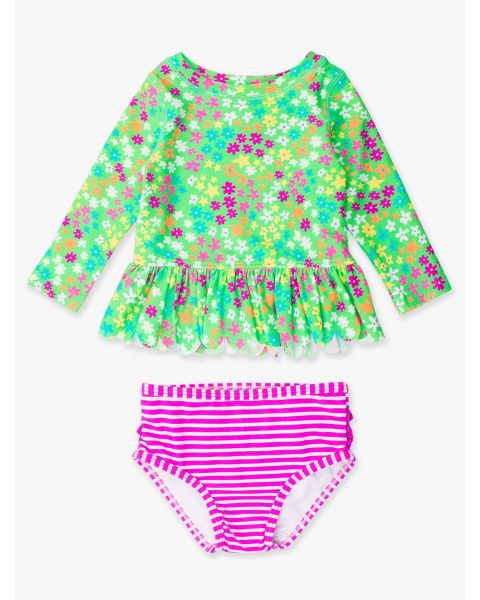 Neon Floral Scallop Hem Long Sleeve Rash Guard Bikini