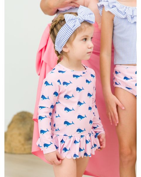 Pink Whale Friends Scallop Hem Long Sleeve Rash Guard Bikini