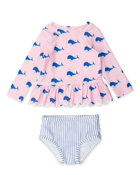 Pink Whale Friends Scallop Hem Long Sleeve Rash Guard Bikini