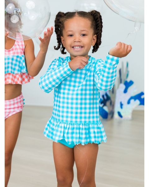 Bright Aqua Gingham Scallop Hem Long Sleeve Rash Guard Bikini