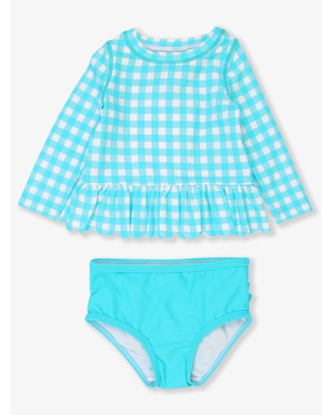 Bright Aqua Gingham Scallop Hem Long Sleeve Rash Guard Bikini