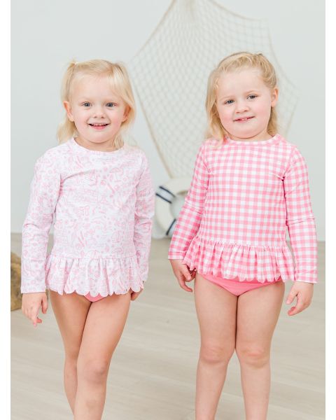 Bubblegum Pink Gingham Scallop Hem Long Sleeve Rash Guard Bikini