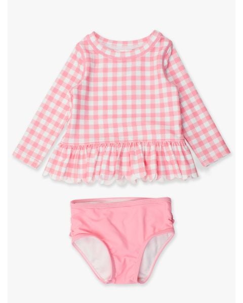 Bubblegum Pink Gingham Scallop Hem Long Sleeve Rash Guard Bikini