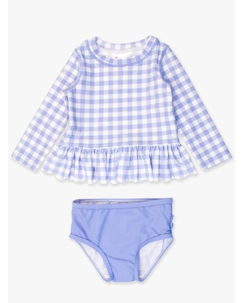 Periwinkle Blue Gingham Scallop Hem Long Sleeve Rash Guard Bikini