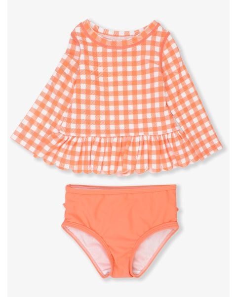 Coral Gingham Scallop Hem Long Sleeve Rash Guard Bikini
