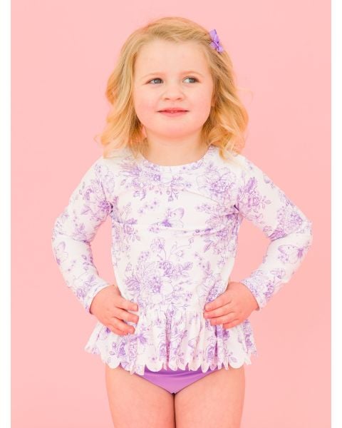 Wisteria Purple Butterfly Garden Toile Scallop Hem Long Sleeve Rash Guard Bikini