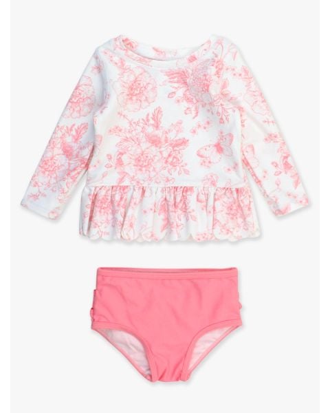 Bubblegum Pink Butterfly Garden Toile Scallop Hem Long Sleeve Rash Guard Bikini