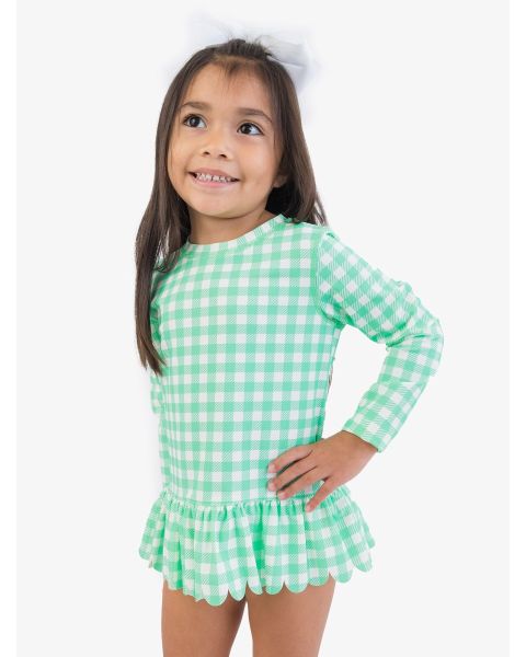 Spring Bud Gingham Scallop Hem Long Sleeve Rash Guard 2-Piece, with Signature Rear Ruffles