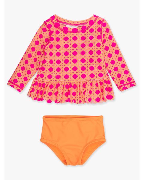 Neon Sherbet Cane Scallop Hem Long Sleeve Rash Guard 2-Piece, with Signature Rear Ruffles