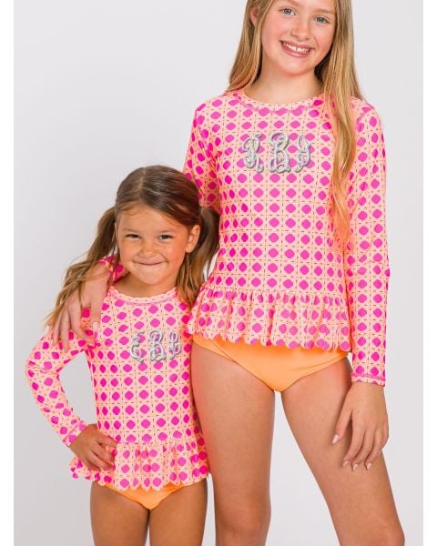 Neon Sherbet Cane Scallop Hem Long Sleeve Rash Guard 2-Piece, with Signature Rear Ruffles