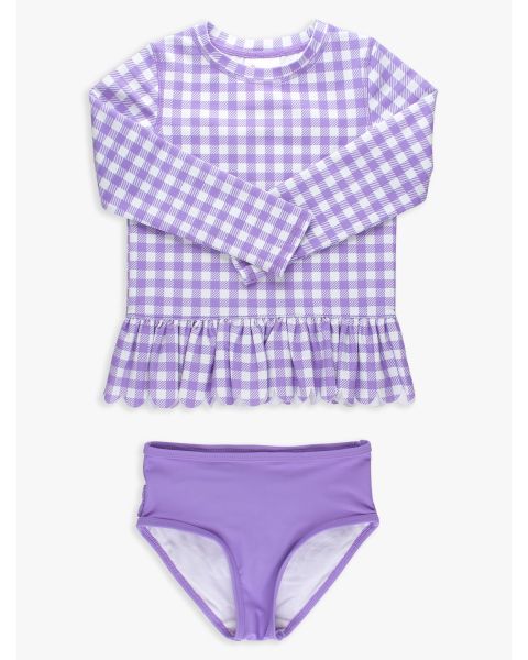 Wisteria Purple Gingham Scallop Hem Long Sleeve Rash Guard 2-Piece, with Signature Rear Ruffles