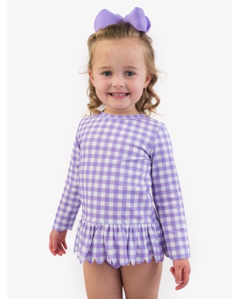 Wisteria Purple Gingham Scallop Hem Long Sleeve Rash Guard 2-Piece, with Signature Rear Ruffles