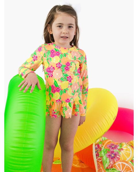 Neon Squeeze the Day Scallop Hem Long Sleeve Rash Guard 2-Piece, with Signature Rear Ruffles
