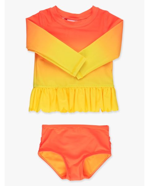Neon Citrus Sunrise Scallop Hem Long Sleeve Rash Guard 2-Piece, with Signature Rear Ruffles