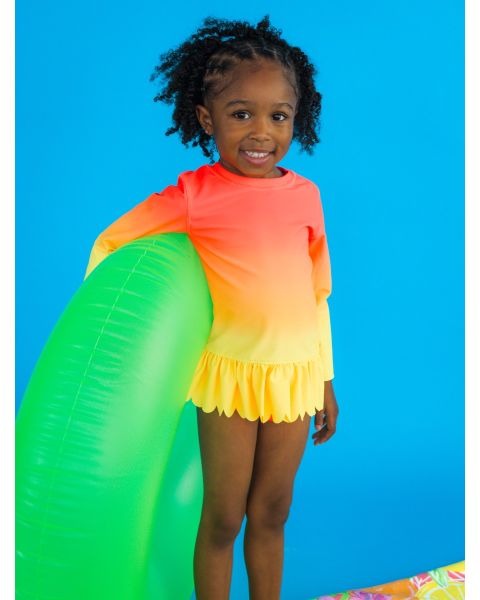 Neon Citrus Sunrise Scallop Hem Long Sleeve Rash Guard 2-Piece, with Signature Rear Ruffles